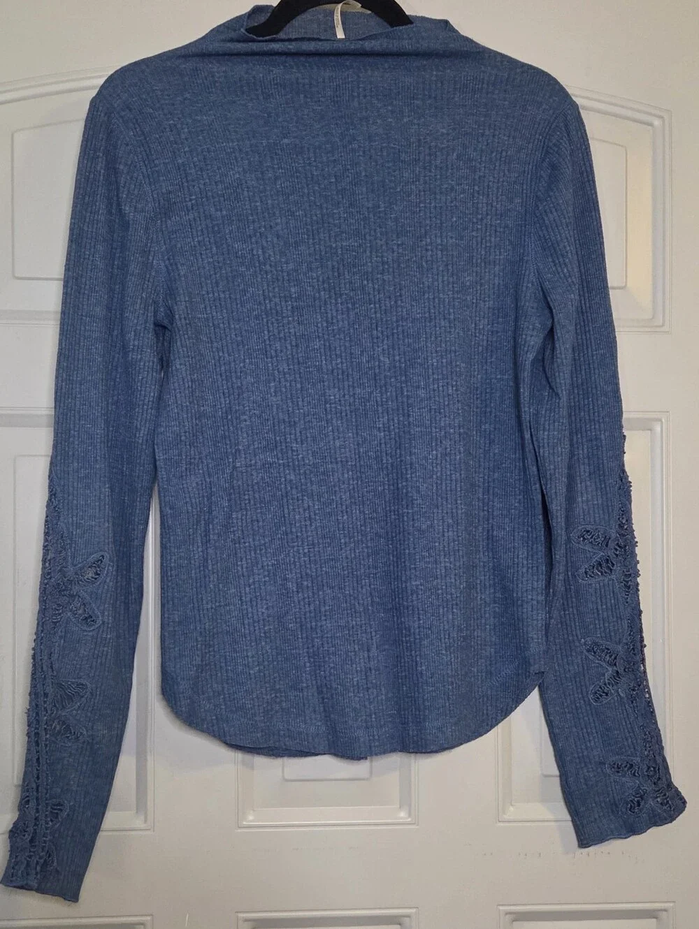 Free People - Heathered Blue Ribbed Long Sleeve Top with Sleeve Embroidery
